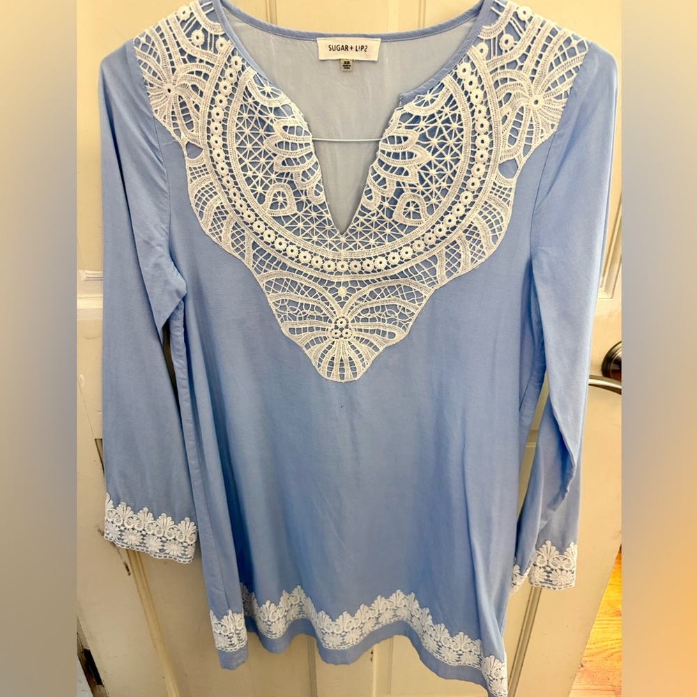 Sugarlips Sky Blue Tunic Dress with Ivory Lace Detail - NWOT
